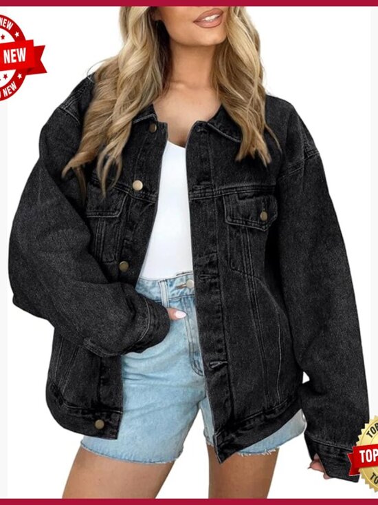 Jackets & Blazers - Oversized Denim Jacket, Boyfriend Style with Chest Pockets, Cotton